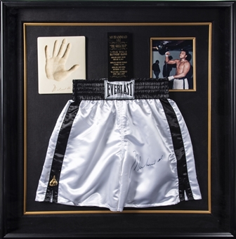 Muhammad Ali Boldly Signed Boxing Trunks With Plaster Hand Print 39x41 Framed Display (JSA)